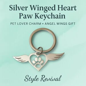 Silver Angel Winged Heart Paw Keychain • Pet Lover Charm • Memorial Gift - NEW